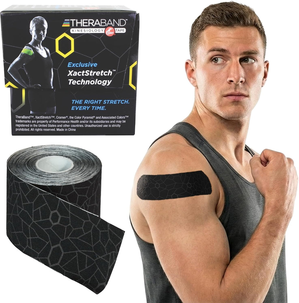 THERABAND Kinesiology Tape, Waterproof Physio Tape for Muscle & Joint Support, Standard Roll with XactStretch Application Indicators, 2 Inch x 16.4 Foot Roll, Black/Gray