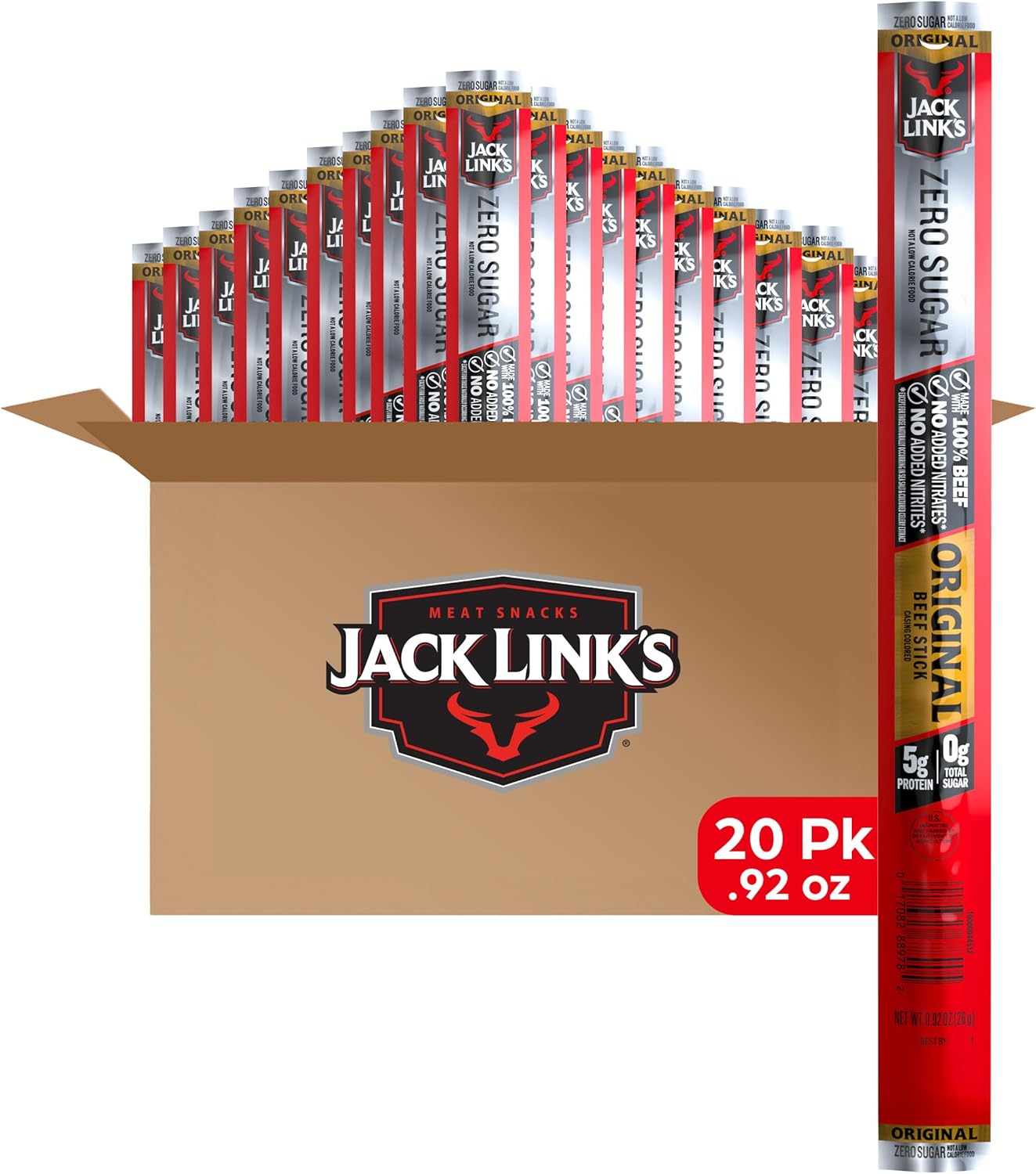 Jack Link's Original Zero Sugar Beef Sticks - (20 Pack) 0.92 oz Meat Sticks - Ready to Eat Protein Snacks - 5g Protein per Serving - Made with 100% Real Beef