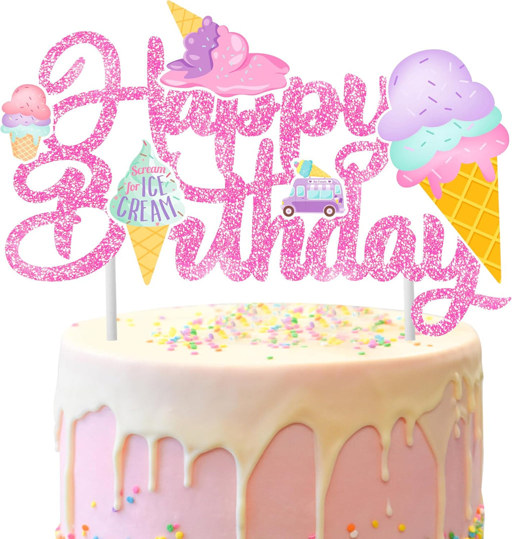 Ice Cream Happy Birthday Cake Topper - Pink Glitter Themed Party Decorations for Kids, Boys, Girls - Summer Party Supplies and Favors