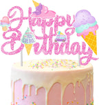 Ice Cream Happy Birthday Cake Topper - Pink Glitter Themed Party Decorations for Kids, Boys, Girls - Summer Party Supplies and Favors