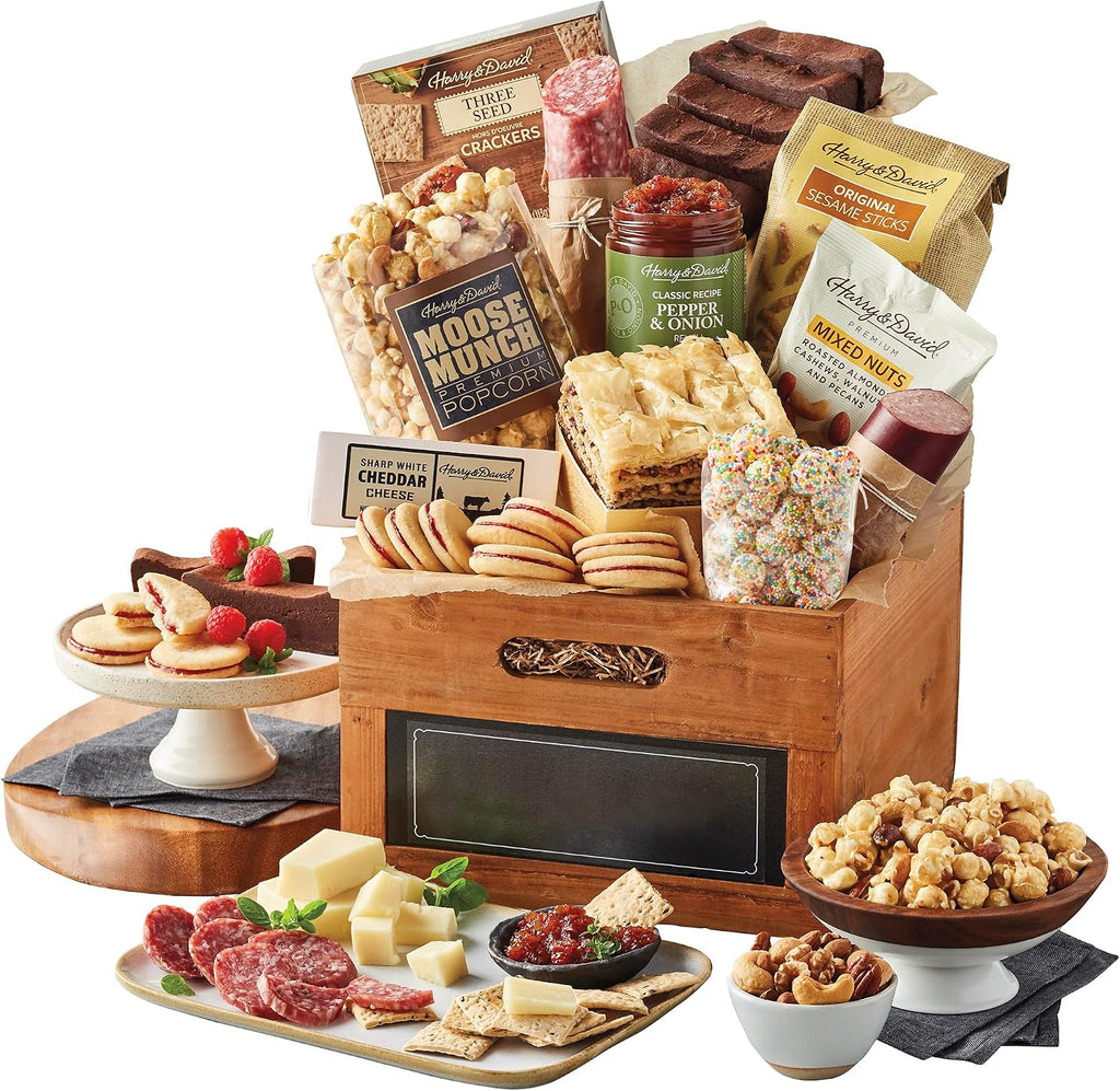 Harry & David Deluxe Everyday Sharing Gift Basket For All Occasions, Food Gift Baskets With Popcorn, Salami, Sausage, Cheese, Crackers, Nuts, Sesame Sticks, Baklava, Rainbow Gummies And Chocolate Cake
