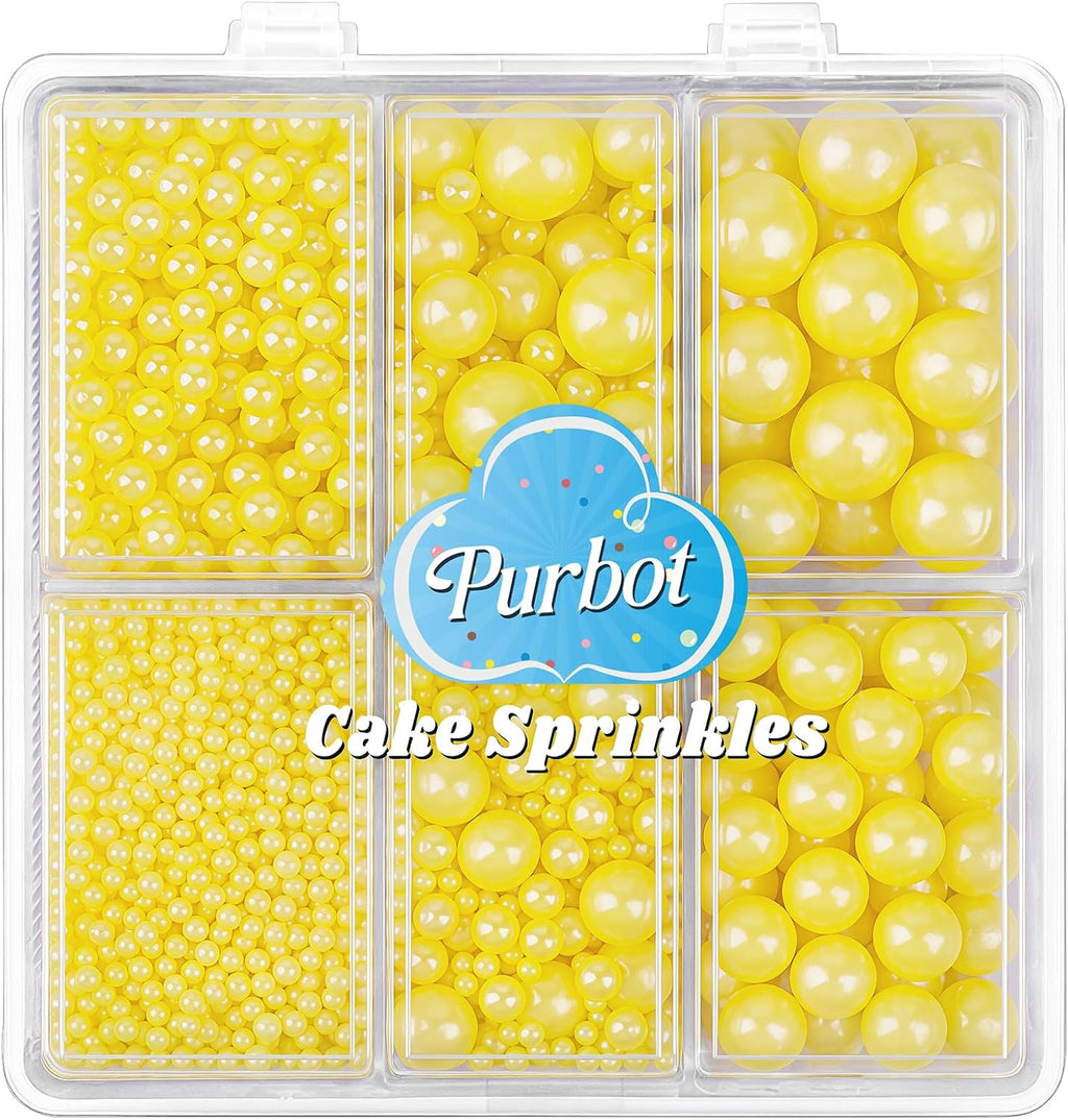 Yellow Pearl Sprinkles for Cake Decorating, 4 Sizes Sugar 130g/4.6oz, Cupcake, Ice Cream, Donuts, Macaron Toppings Supplies (2mm, 4mm, 7mm, 1cm)