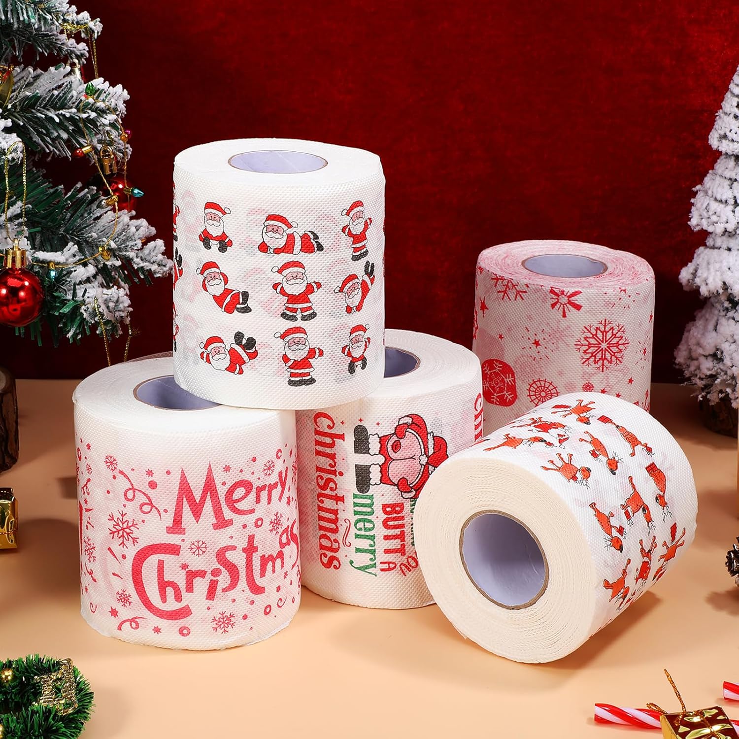 Christmas Toilet Paper, 5 Rolls Merry Christmas Toilet Tissue Printed Santa Claus - Toilet Tissues Rolls for Christmas Vacation Decorations, Holiday Gag GIfts (150 Sheets/Roll)