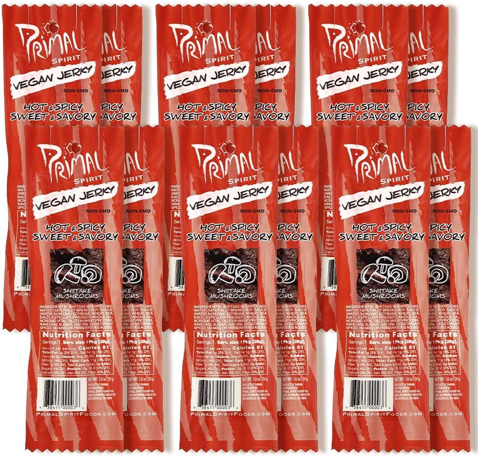 Primal Spirit Vegan Jerky “Shitake Mushroom” – “Classic Flavor” – Hot & Spicy-Sweet & Savory, 10 g. Plant Based Protein, Certified Non-GMO, No Preservatives, Sports Friendly Packaging (12 Pack, 1 Oz)