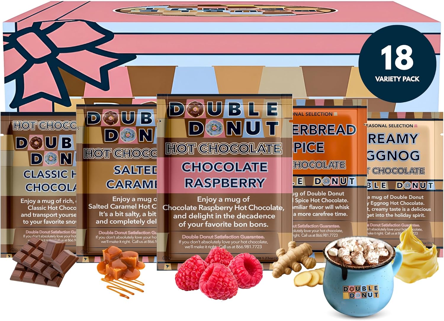 Double Donut Coffee Flavored Hot Chocolate Packets Variety Pack,18 Count Includes Classic, White Chocolate, Chocolate Raspberry, Salted Caramel, Pumpkin, French Vanilla & Peppermint