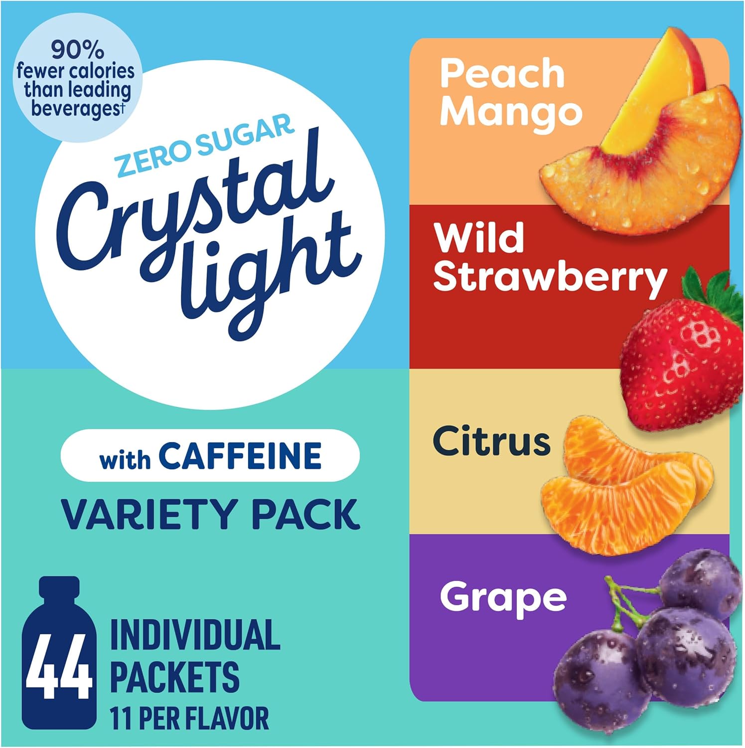 Crystal Light Energizing Drink Mix with Caffeine Variety Pack, 44 Packets for On-the-Go Hydration, Peach Mango, Wild Strawberry, Citrus, Grape, Naturally and Artificially Flavored, Zero Sugar, 4.18 oz