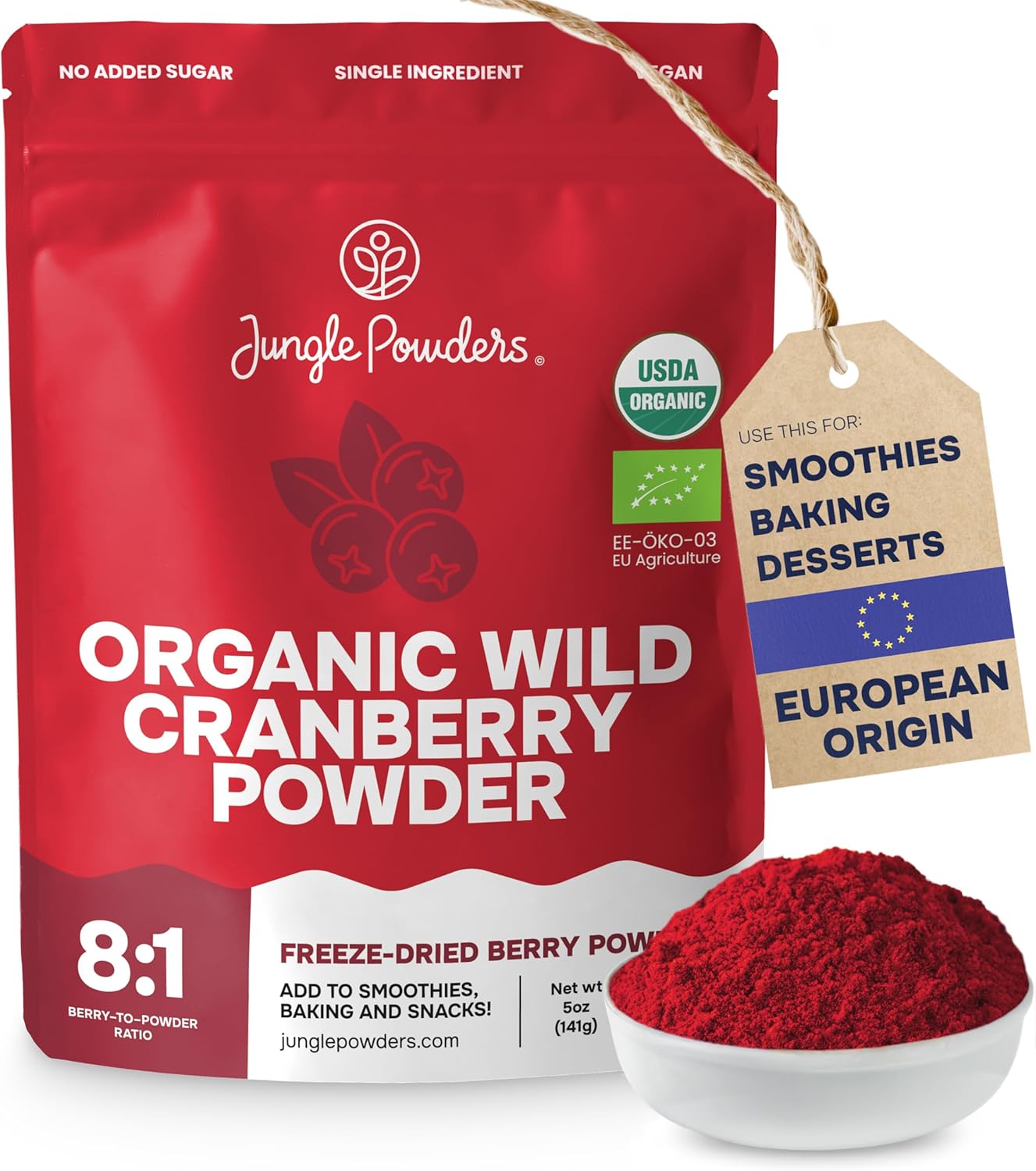 Jungle Powders Wild Cranberry Powder Organic 5 Ounces, USDA Certified Freeze Dried Organic Cranberries Powder for Baking Flavoring Smoothies, Additive Filler Free Superfood Extract from Whole Berries