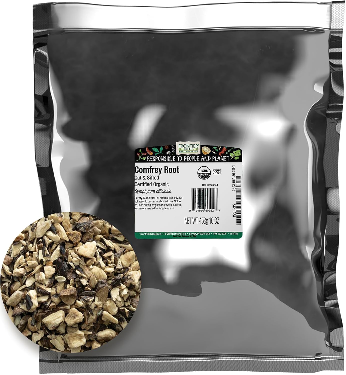 Frontier Co-op Comfrey Root, Cut and Sifted, Certified Organic, Kosher | 1 lb. Bulk Bag | Symphytum officinale L.