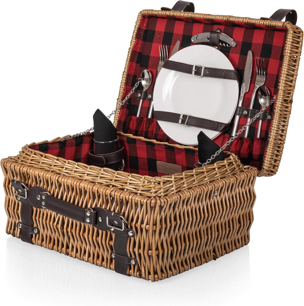 Picnic TIME Champion Picnic Basket for 2, Large Wicker Hamper Set with Cutlery Service Kit (Red & Black Buffalo Plaid Pattern)