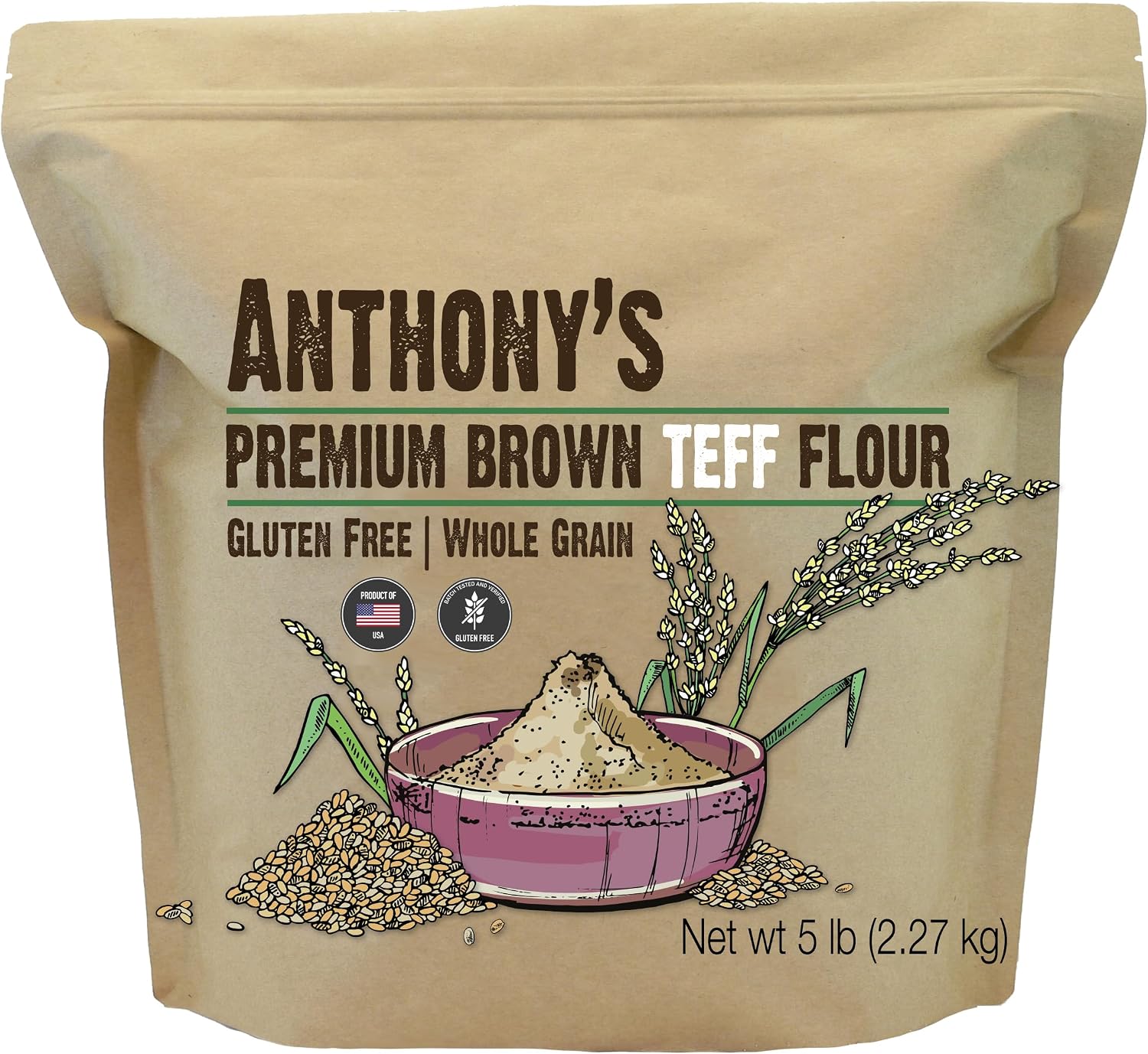 Anthony's Brown Teff Flour, 5 lb, Gluten Free, Non GMO, Vegan
