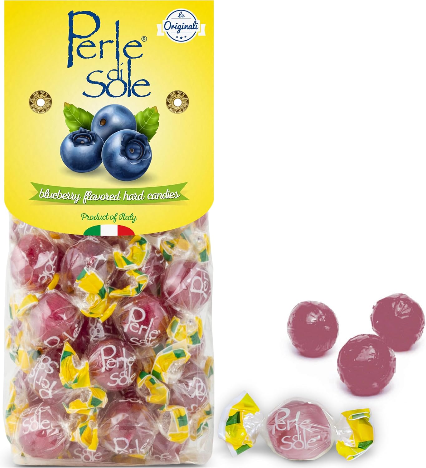 Perle di Sole Italian Candy - Blueberry Hard Candy with a Tart Fizzy Filling - Italian Candy Individually Wrapped (7.05 oz | 200 g)
