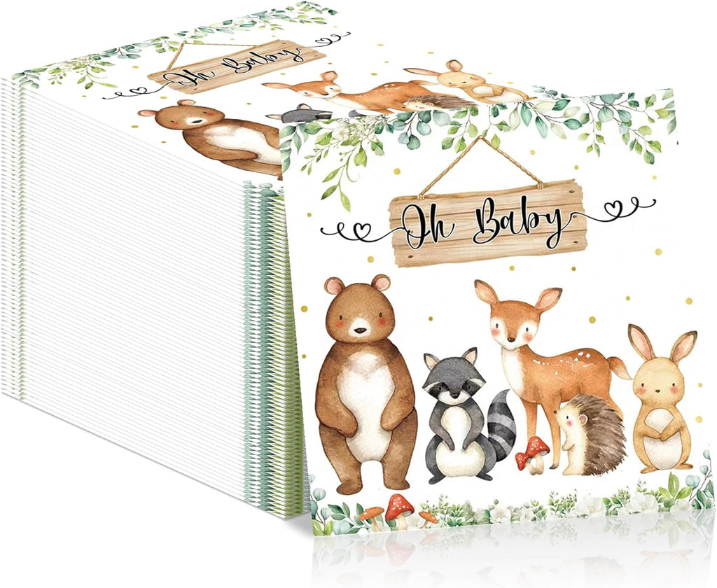 50pcs Woodland Animals Baby Shower Paper Napkins Forest Animals Disposable Napkins Decorative Creature Luncheon Dinner Napkin for Party Supplies Table Decor, 6.5 x 6.5 Inch