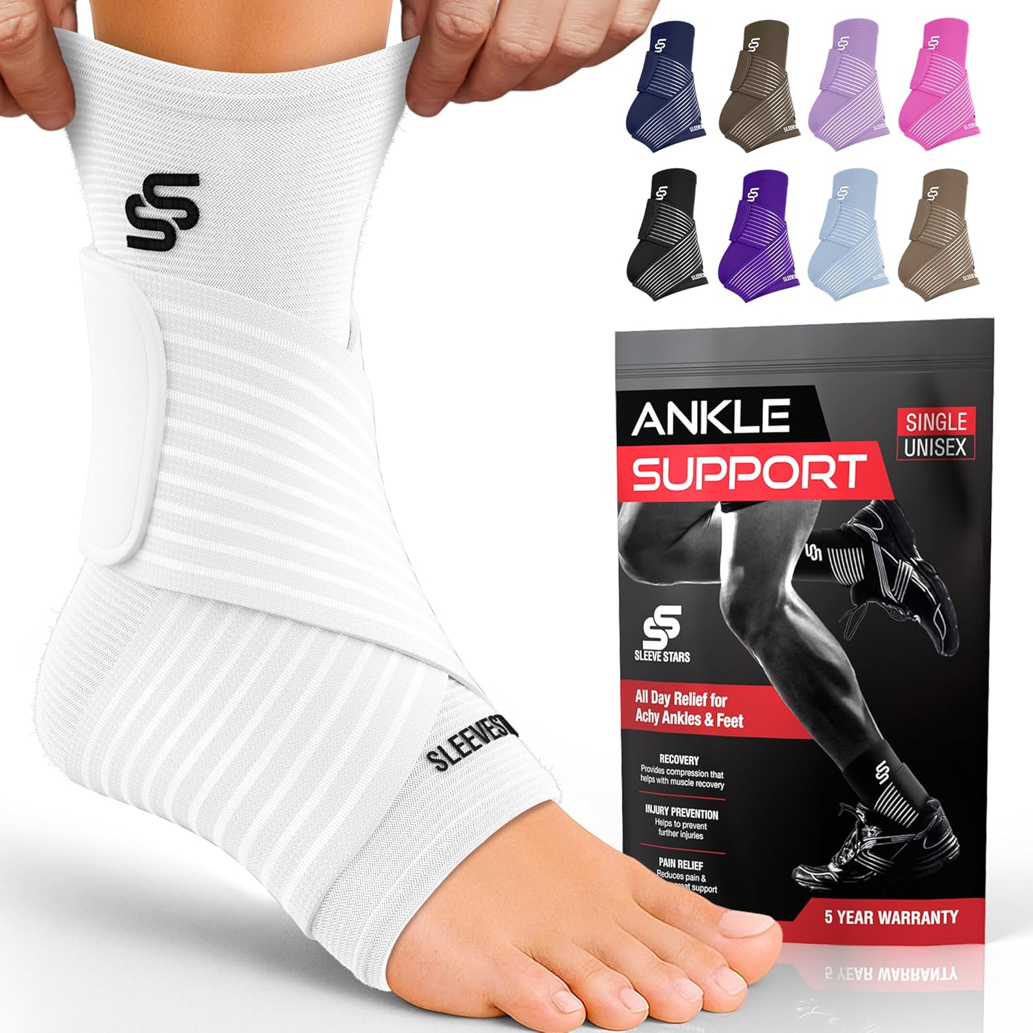 Sleeve Stars Ankle Brace for Women & Men, Ankle Wrap for Sprained Ankle, Compression Sleeve for Plantar Fasciitis Relief, Easy Customizable Support: w/Removable Strap (Single/S:9"-10"/White)