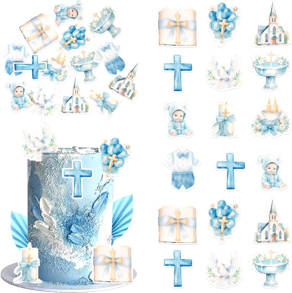 Rsstarxi 60 Pack Edible Baptism Cupcake Toppers Edible Boys God Bless Cake Decorations Christian Cupcake Picks for Religious Baby Shower Boys First Holy Communion Party Cake Decorations Blue