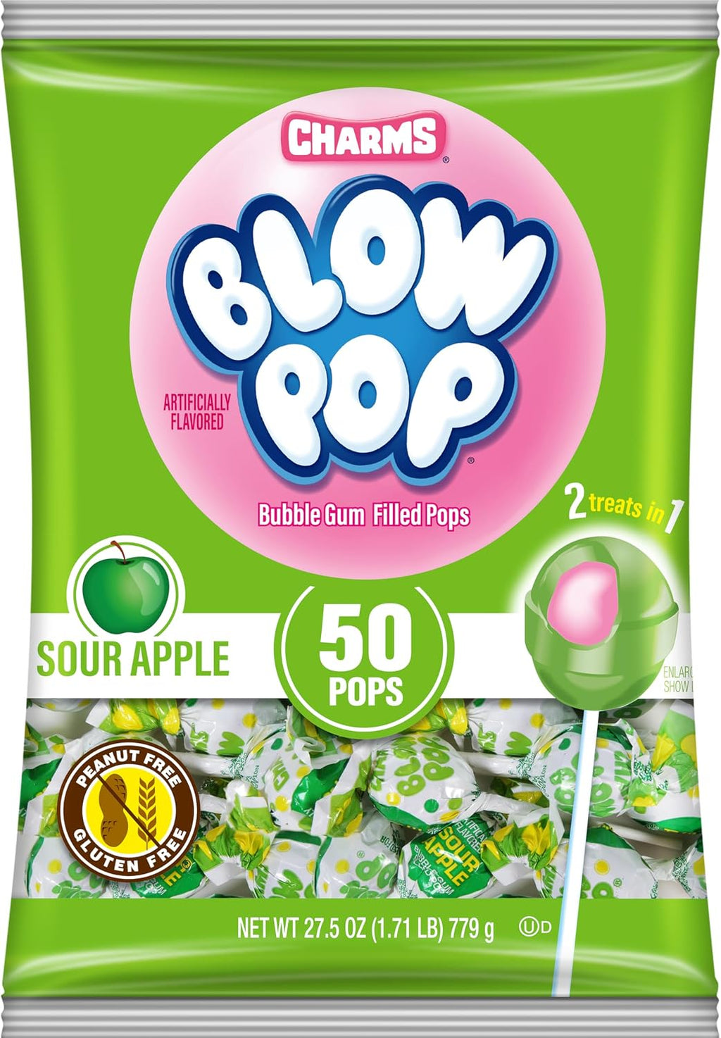 Charms Blow Pop Single Flavor Bag - Sour Apple Flavored Lollipops with a Bubble Gum Center - Individually Wrapped Hard Candy - Green Candy - Peanut Free, Gluten Free, 50 Count (Pack of 1)