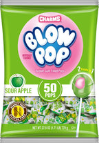 Charms Blow Pop Single Flavor Bag - Sour Apple Flavored Lollipops with a Bubble Gum Center - Individually Wrapped Hard Candy - Green Candy - Peanut Free, Gluten Free, 50 Count (Pack of 1)