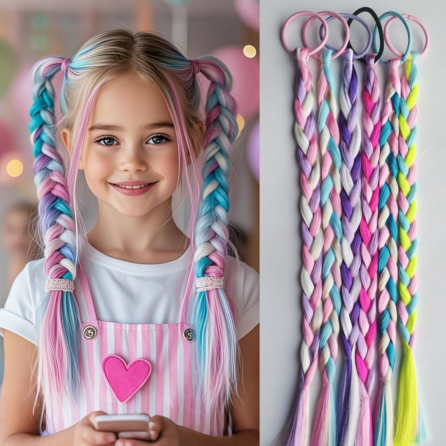 6-Pack Colorful Braided Hair Extensions – Elastic Tie-On Synthetic Braids – Fun and Easy Hairpieces – Cute Ponytail Accessories for Daily Wear, Parties & Gifts
