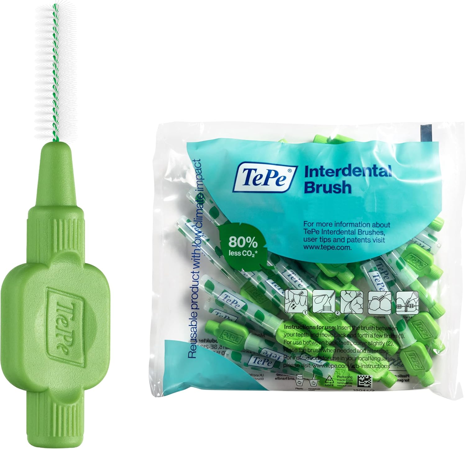 TePe Pack of 25 Interdental Brush Original, Soft Dental Brush for Teeth Cleaning, 5, Green