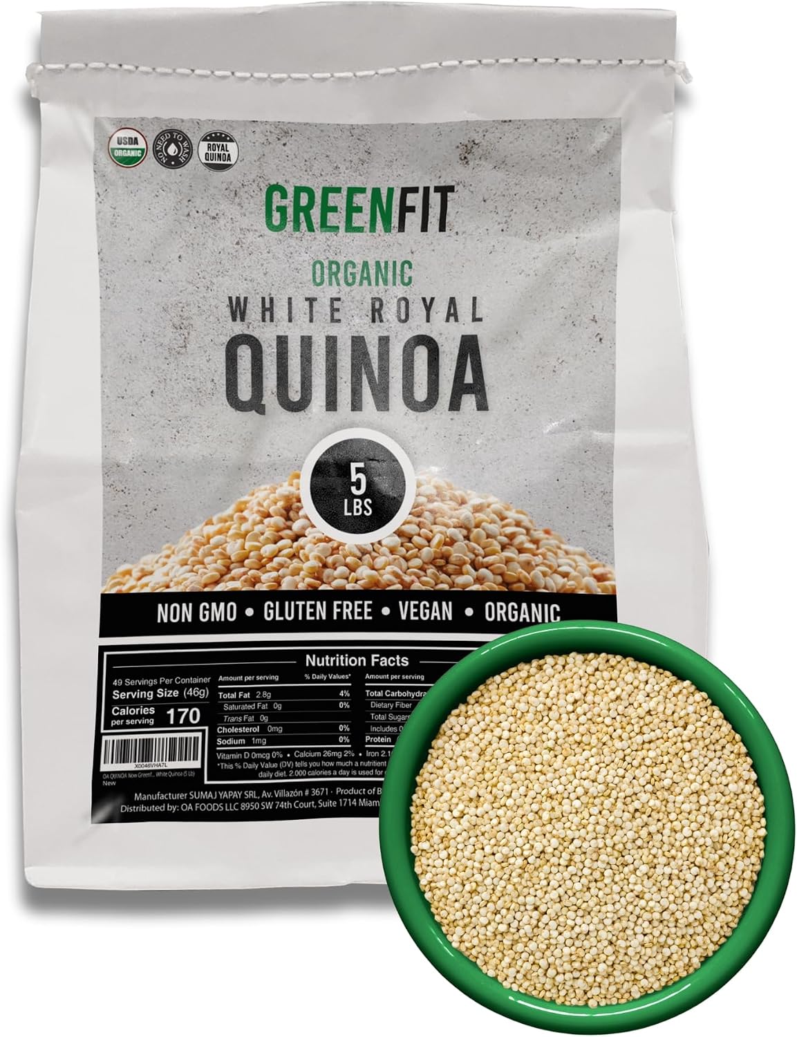 Greenfit Royal Organic White Quinoa | Non-GMO, Gluten-Free, Vegan, and Organic | Complete Protein, High Fiber, Low-Calorie White Quinoa | (5 Pound - Pack of 1)