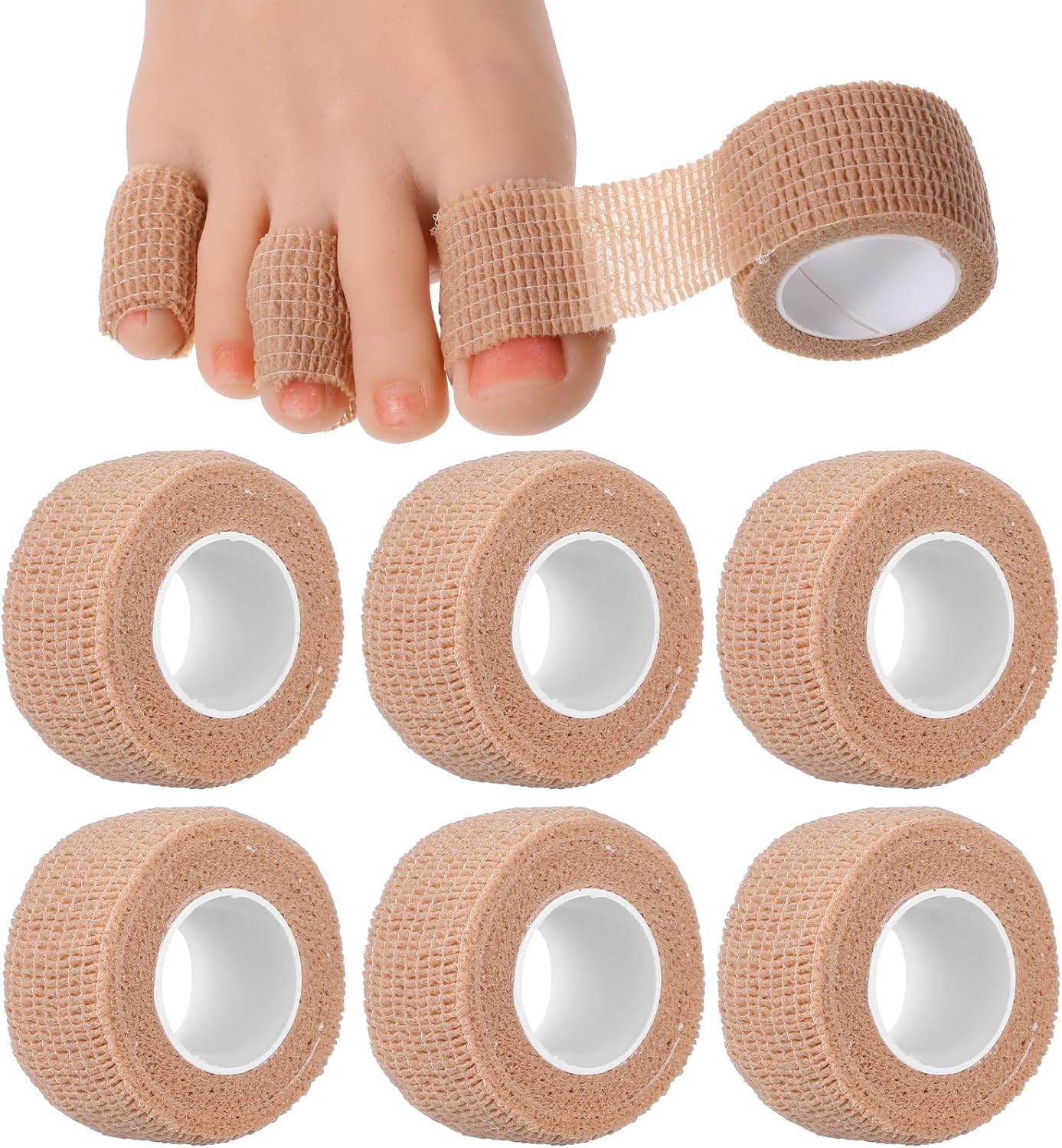8 Rolls 1 inch Big Toe Protectors Bandage, Self Adhesive Toe Covers Guards for Men, Women, Runners Pain Relief, Thumb, Finger, Wrist, Ankle, Vet Wrap, Broken Little Toenail Tape (Skin Color)