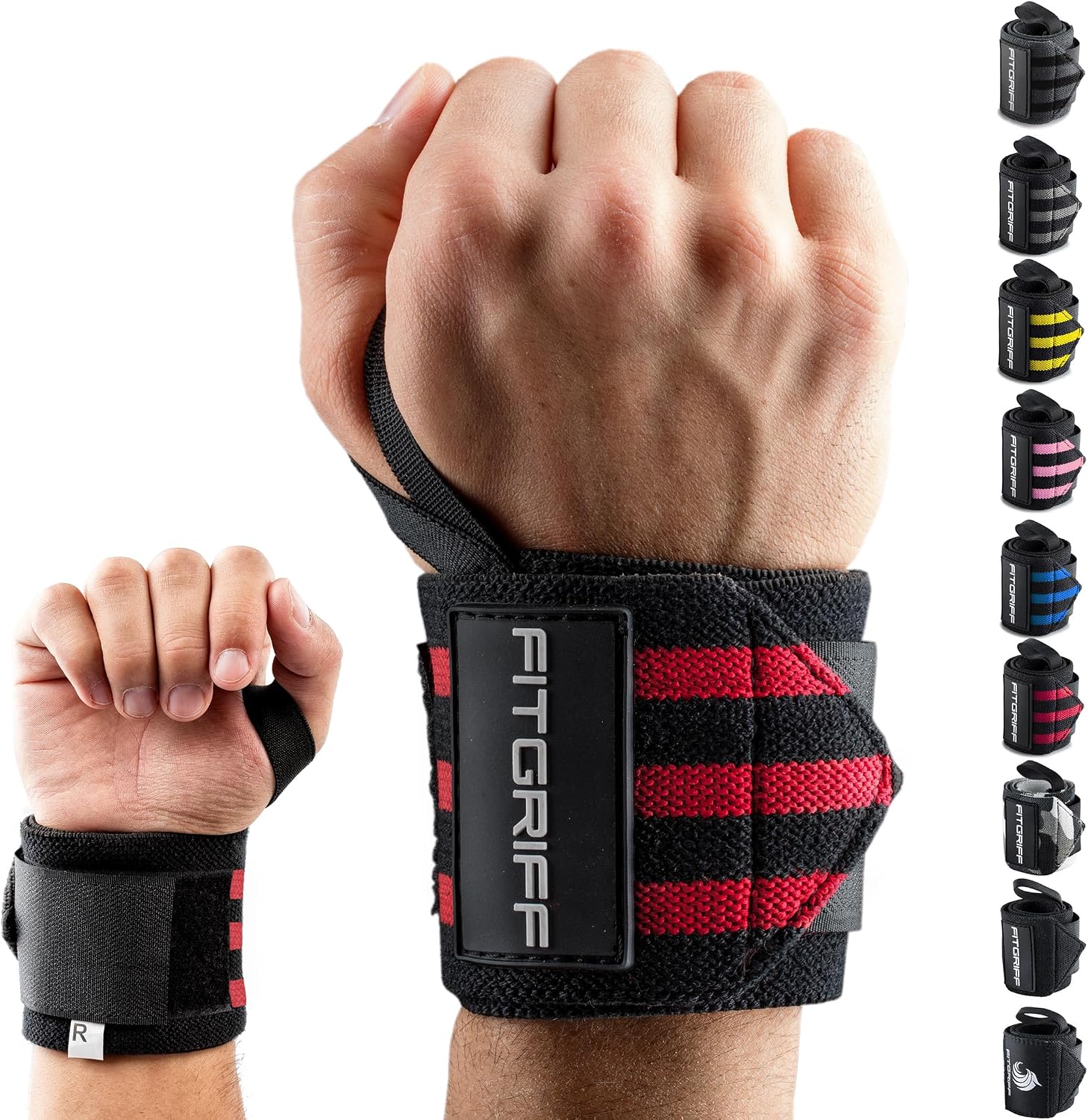 Fitgriff® Wrist Wraps for Weightlifting (18") Heavy-Duty Support for Gym, Bench Press, and Pushups (1 Pair) - for Men and Women (Black/Red)
