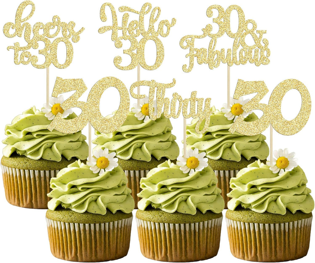 30Pcs Happy 30th Birthday Cupcake Toppers Gold Glitter Thirty Cheers to 30 Birthday Cupcake Picks for Happy 30th Birthday Anniversary Party Cake Decorations Supplies