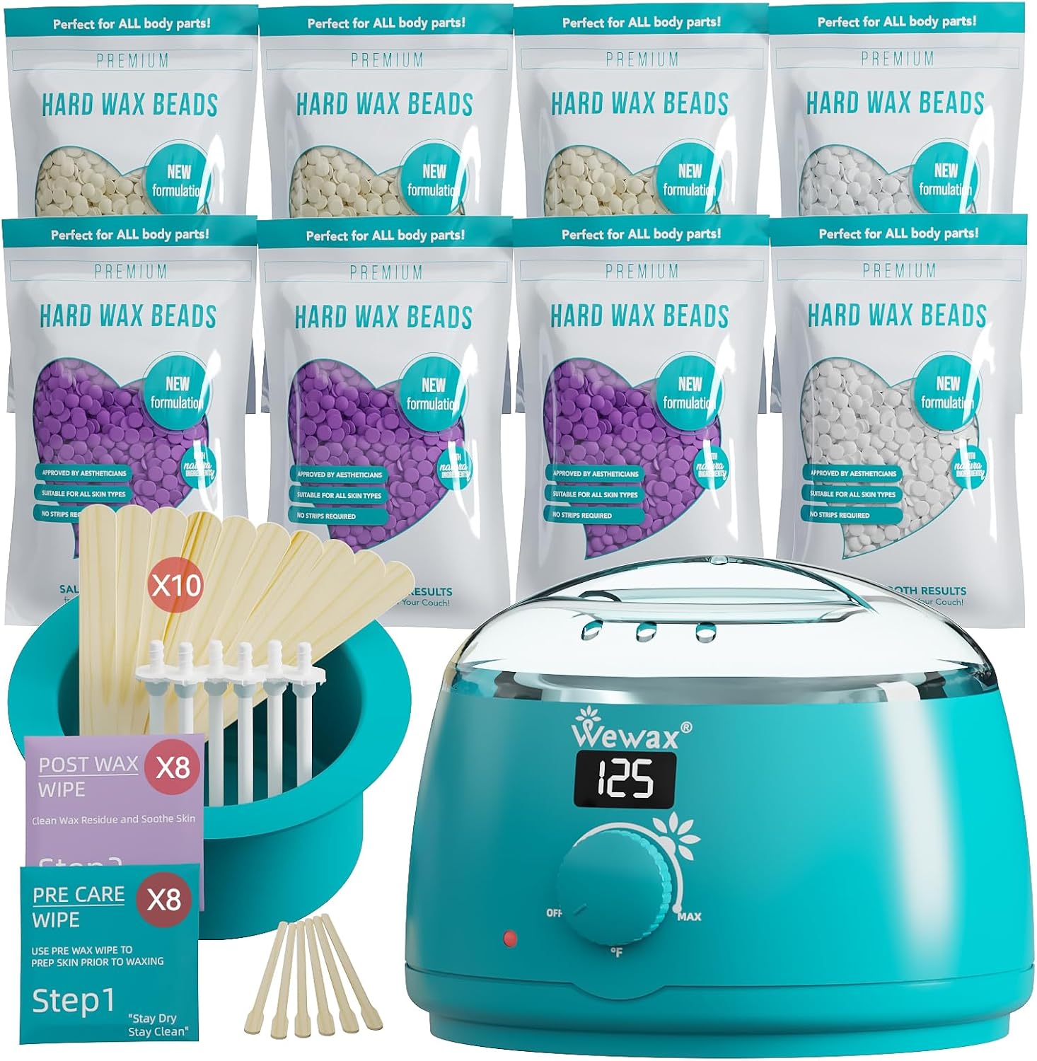Digital Waxing Kit for Women & Men - 8 Packs Lavender & Milk Hard Wax Beans with Fast-Melting Silicone and Pre/Post Care Wipes - A