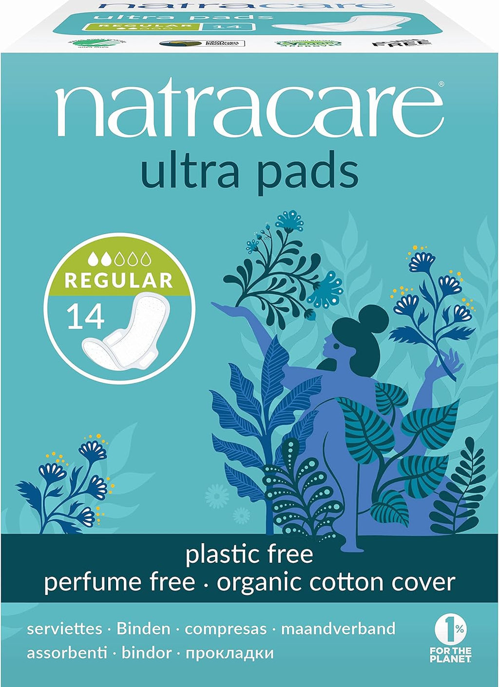 Natracare Slim Fitting Ultra Pads with Wings, Regular, Made with Certified Organic Cotton, Ecologically Certified Cellulose Pulp and Plant Starch (12 Pack, 168 Pads Total)