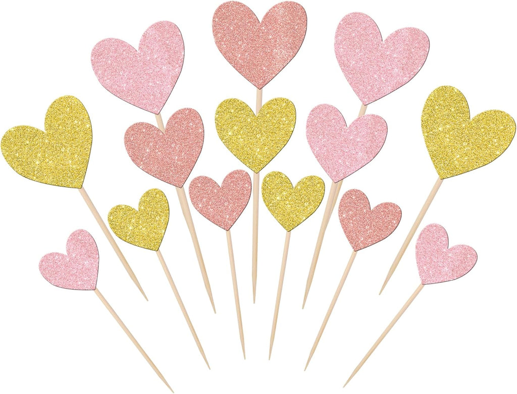 Rsstarxi 30 Pack Heart Cupcake Toppers Glitter Baby Shower Cupcake Picks Decorations for Bridal Shower Wedding Engagement Kids Birthday Valentine's Day Party Cake Decorations Pink Gold Rose Gold