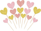 Rsstarxi 30 Pack Heart Cupcake Toppers Glitter Baby Shower Cupcake Picks Decorations for Bridal Shower Wedding Engagement Kids Birthday Valentine's Day Party Cake Decorations Pink Gold Rose Gold