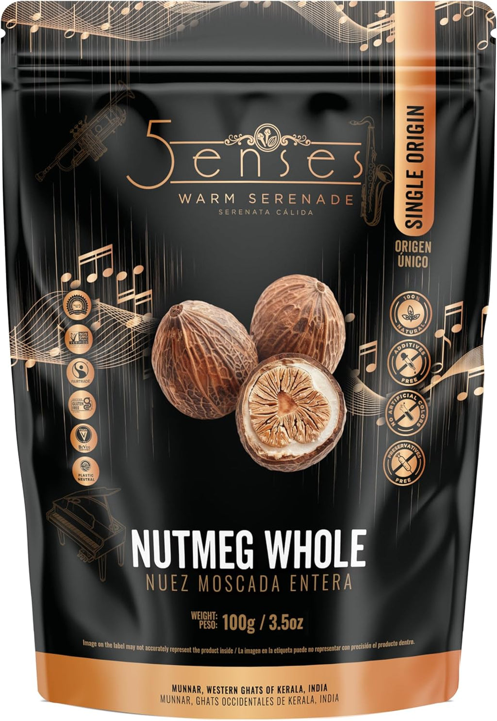 5Senses Nutmeg Whole | Nutmeg-in-the-Shell | Nuez moscada en cáscara | Warm Serenade | Single Origin, Non-GMO, Fairtrade, Premium Whole Nutmeg, Kosher, Plastic Neutral, Handpicked from Munnar, Western Ghats, India (3.5oz/100g)