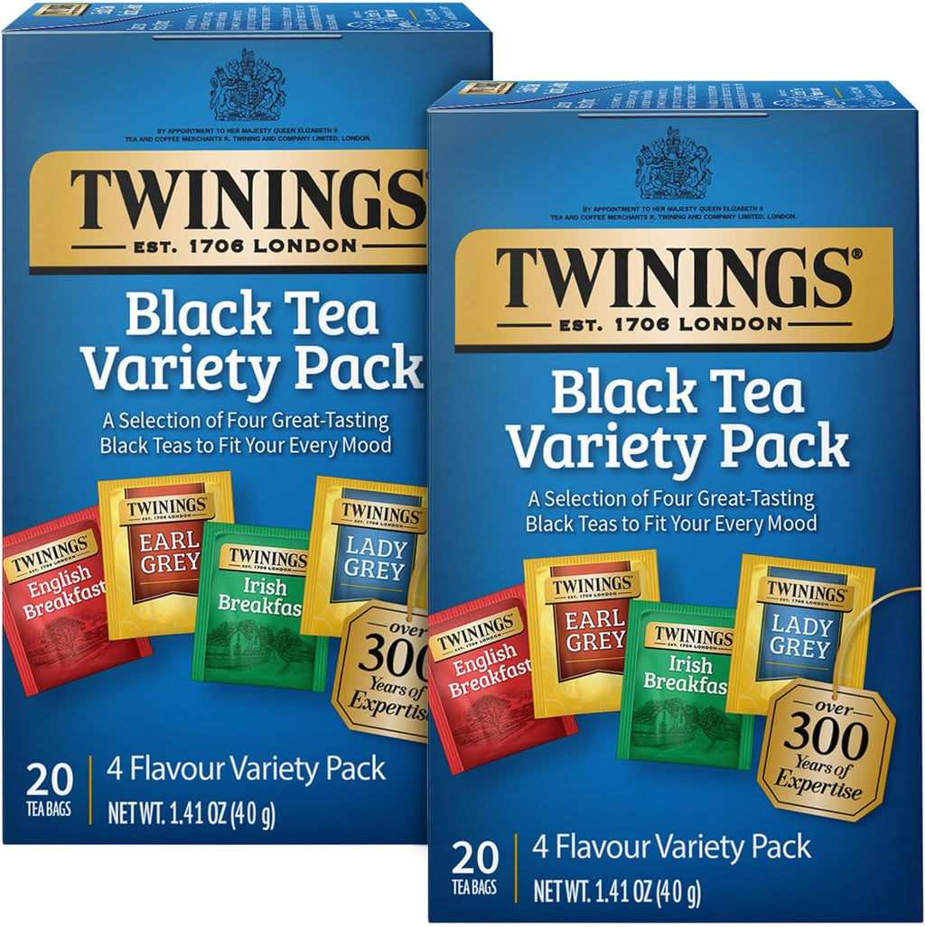 Twinings Black Tea Variety 2-Pack with Earl Grey Tea, English Breakfast Tea, Irish Breakfast Tea, and Lady Grey Tea Bags, Individually Wrapped, 20 Count Ea