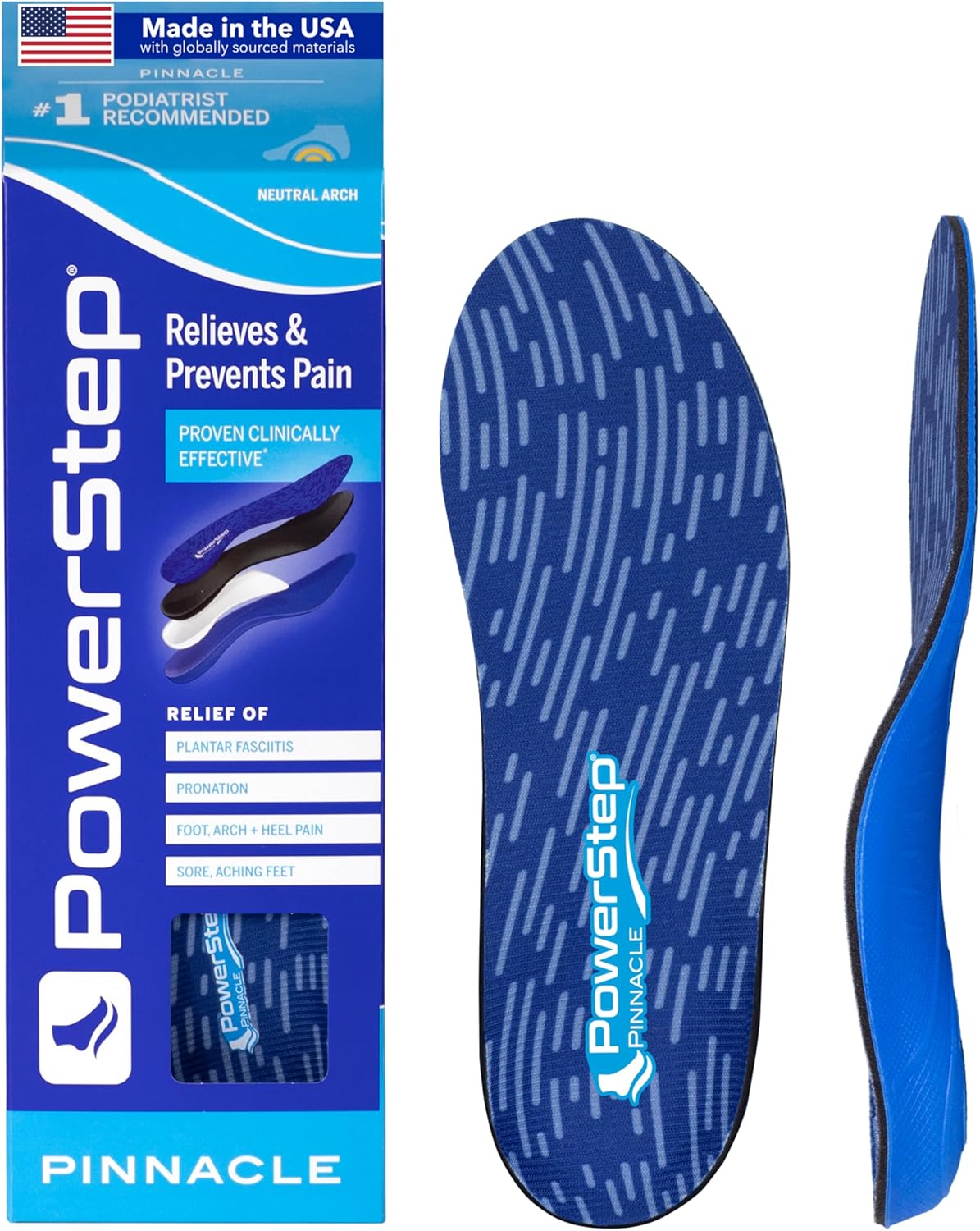 PowerStep Pinnacle Insoles, Orthotics for Plantar Fasciitis Relief, Made in USA Orthotic Insoles, Arch Support Inserts with Moderate Pronation, #1 Podiatrist Recommended (M 7-7.5 W 9-9.5)