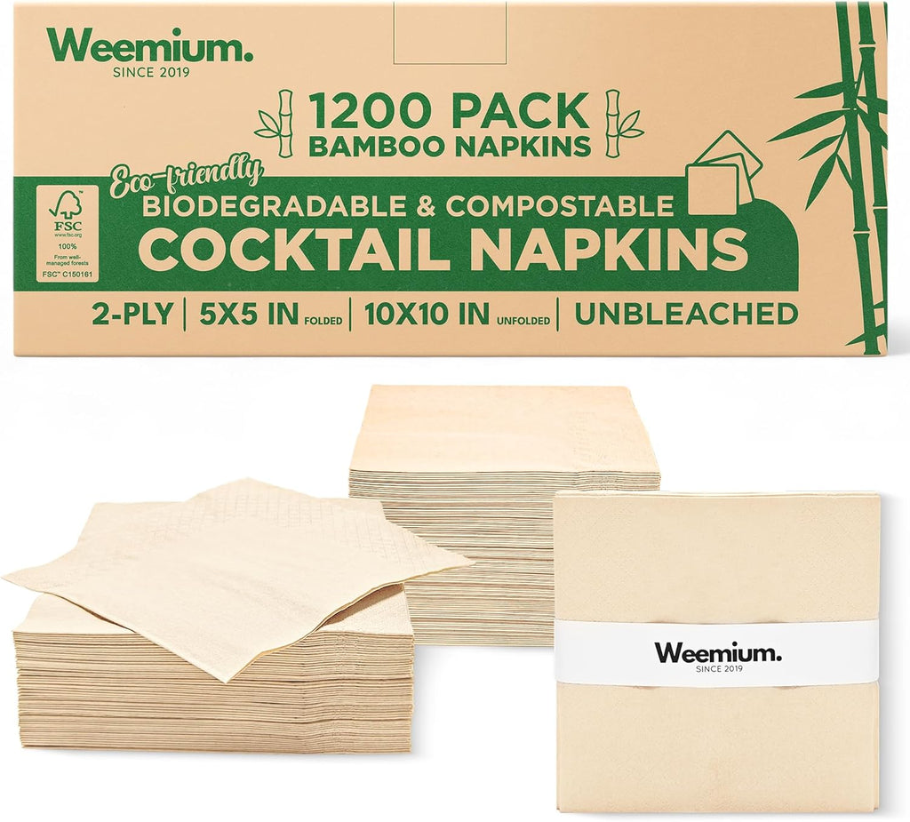 Weemium Cocktail Napkins Bulk, 2-Ply, 5 x 5 Inch Folded [12 Packs of 100, Total 1200 Count] Soft, Biodegradable & Compostable Bamboo Cocktail Napkins Paper for Beverage, Bar Parties & Everyday Use