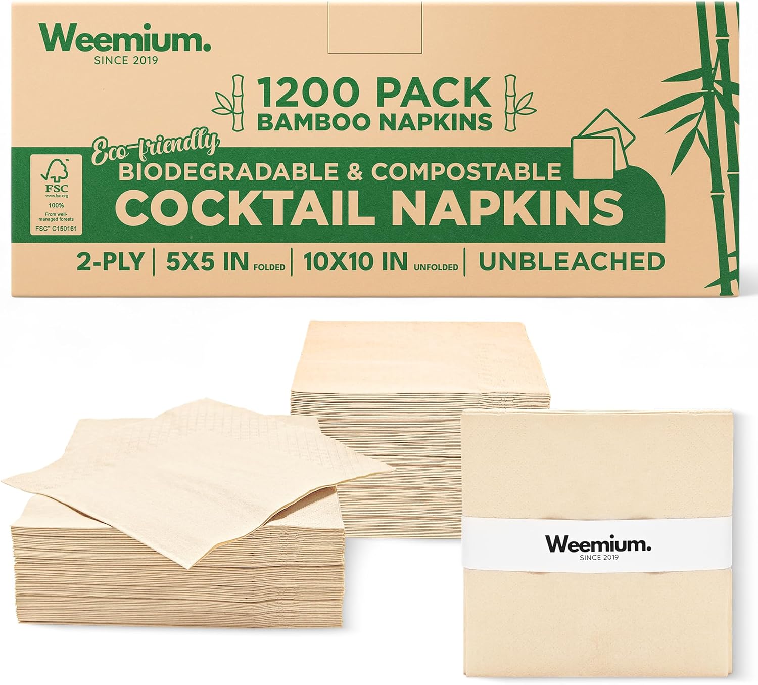 Weemium Cocktail Napkins Bulk, 2-Ply, 5 x 5 Inch Folded [12 Packs of 100, Total 1200 Count] Soft, Biodegradable & Compostable Bamboo Cocktail Napkins Paper for Beverage, Bar Parties & Everyday Use