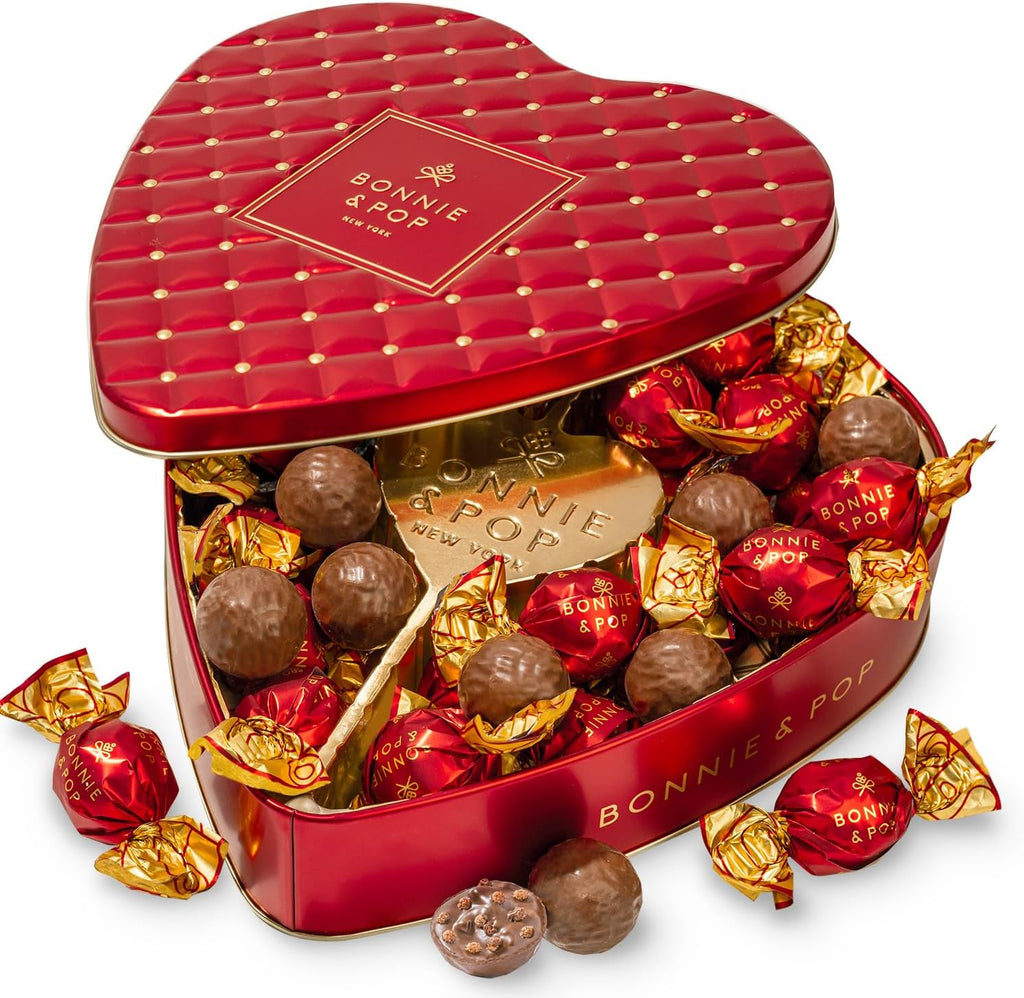 Chocolate Gift- Heart Shaped Tin with Chocolate Hazelnut Bon Bons, Gift Box for Her, Women, Wife, Girl, Romance, Love- Bonnie & Pop