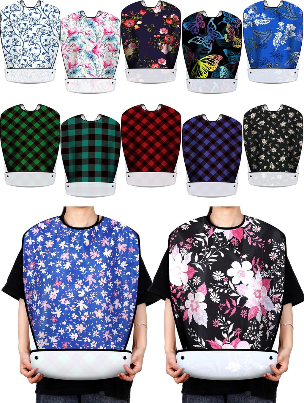 Janmercy 12 Pcs Washable Adult Bibs for Eating Waterproof Clothing Protector with Optional Crumb Catcher, Reusable Food Bib with Adjustable Snap Closure for Elderly Women Men Disabled, 12 Styles