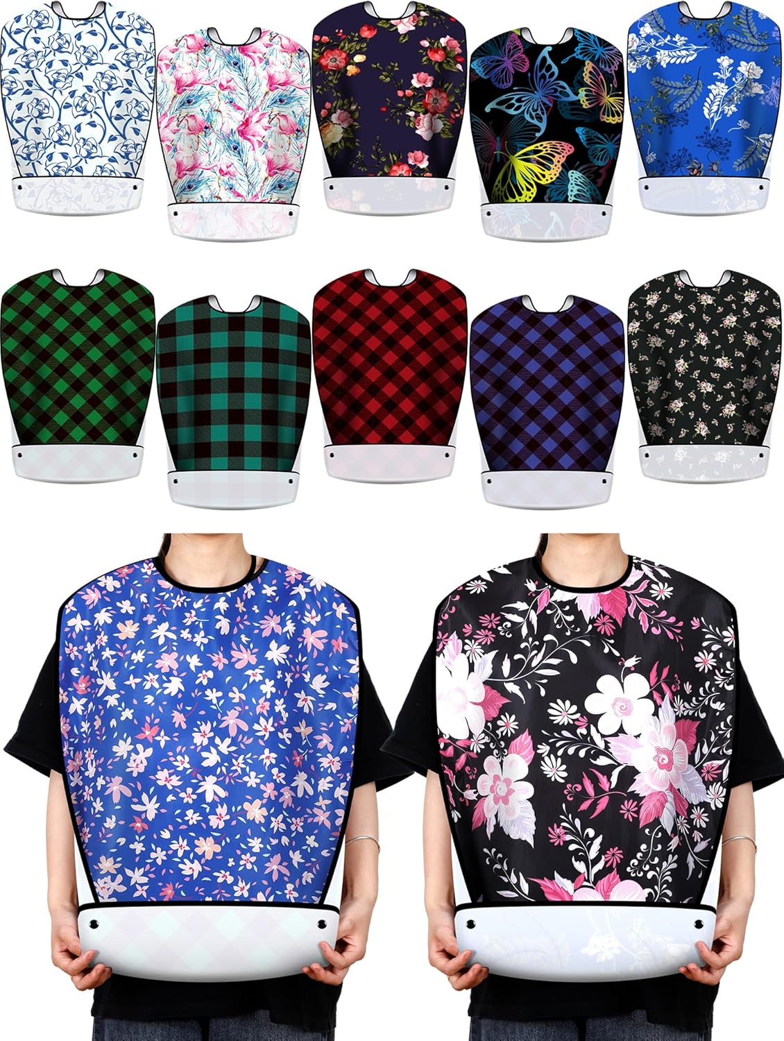 Janmercy 12 Pcs Washable Adult Bibs for Eating Waterproof Clothing Protector with Optional Crumb Catcher, Reusable Food Bib with Adjustable Snap Closure for Elderly Women Men Disabled, 12 Styles