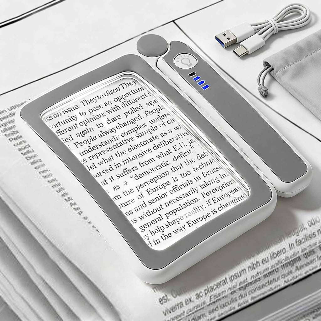 Rechargeable Magnifying Glass with Light, 5X Large Rectangular Page Magnifier, 12 Dimmable LEDs Folding Handheld Reading Magnifier for Seniors ＆ Low Vision