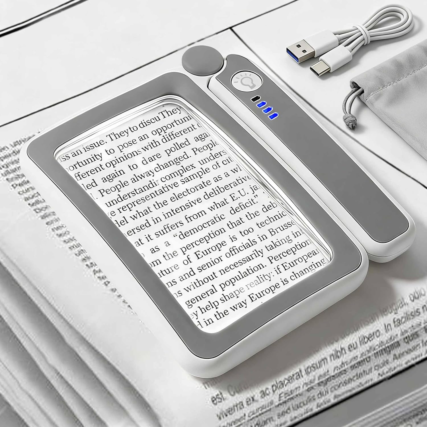 Rechargeable Magnifying Glass with Light, 5X Large Rectangular Page Magnifier, 12 Dimmable LEDs Folding Handheld Reading Magnifier for Seniors ＆ Low Vision