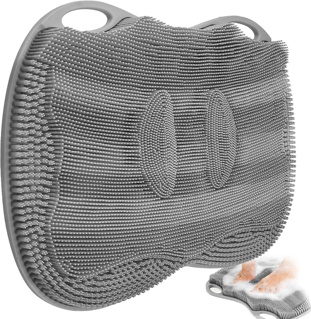 Shower Foot Scrubber Mat XL, Silicone Feet Toes Massage Cleaner -Upgraded Long Brush Pad Without Bending Non-Slip Suction Cups for Foot Bath Bathtub Exfoliate Smooth Skin 17.4x13 Grey