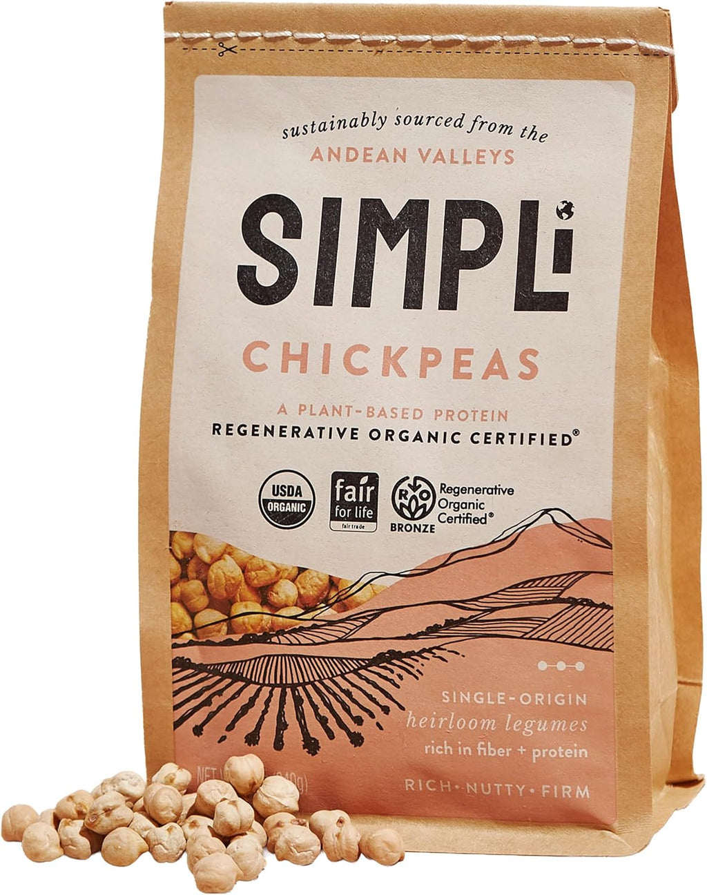 SIMPLi Regenerative Organic Certified Chickpeas, High in Fiber and Protein, Plant-Based Protein, Glyphosate-Free, Dense and Earthy Flavor, 12 oz
