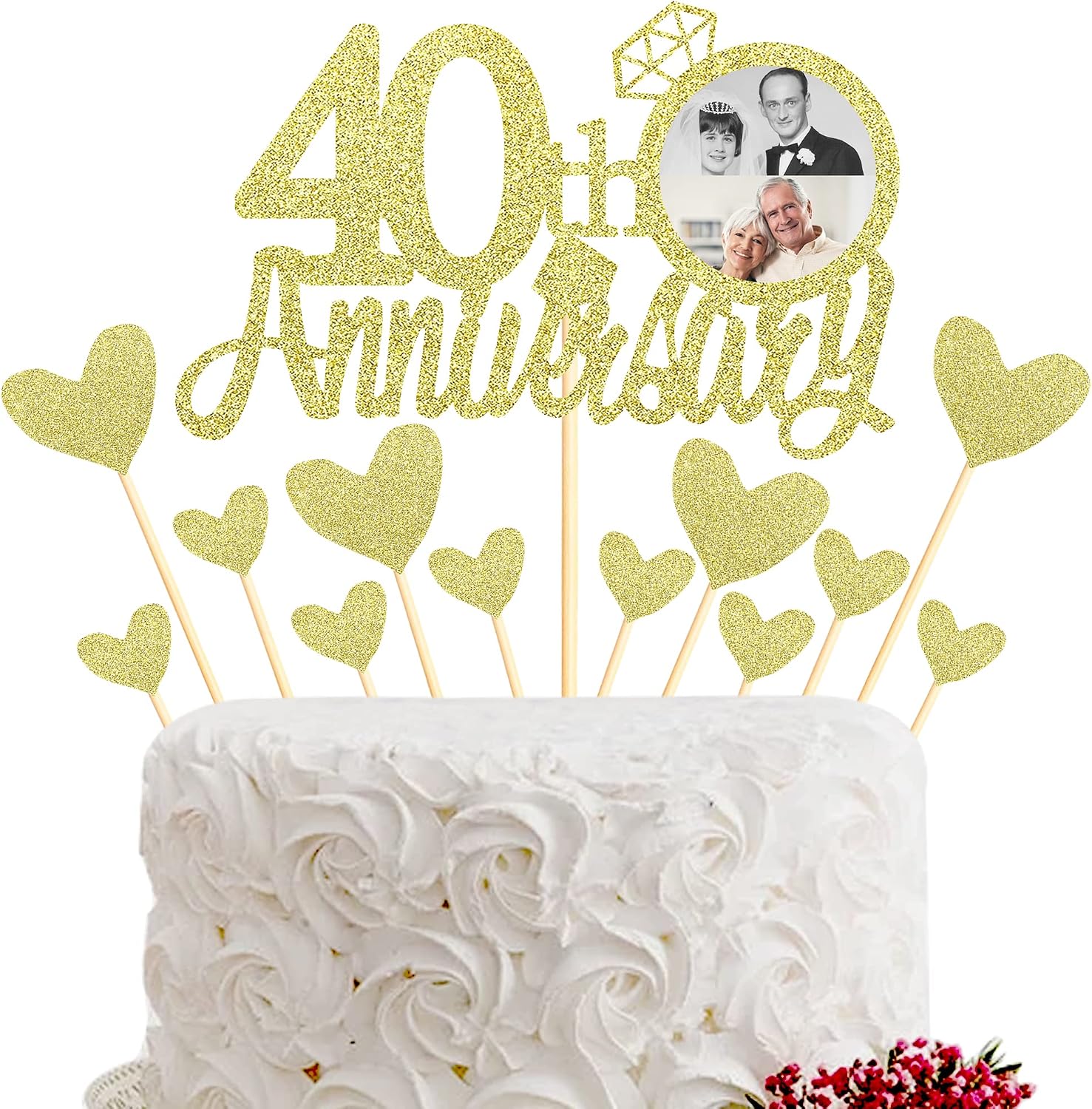 Sumerk 13 PCS Gold Glitter 40th Anniversary Cake Topper Happy 40th Anniversary Wedding Anniversary Cake Decorations