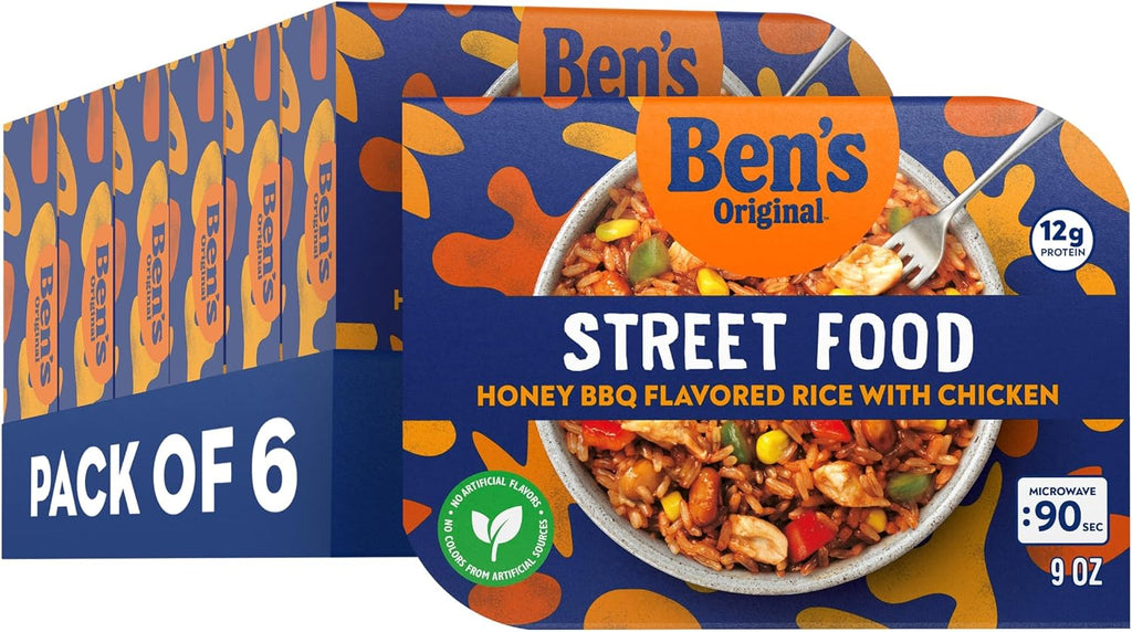BEN'S ORIGINAL Street Food Honey BBQ Flavored Rice with Chicken, Prepared Entrée, Microwavable Heat-&-Eat Bowl in 90 Seconds, 9 oz (Pack of 6)