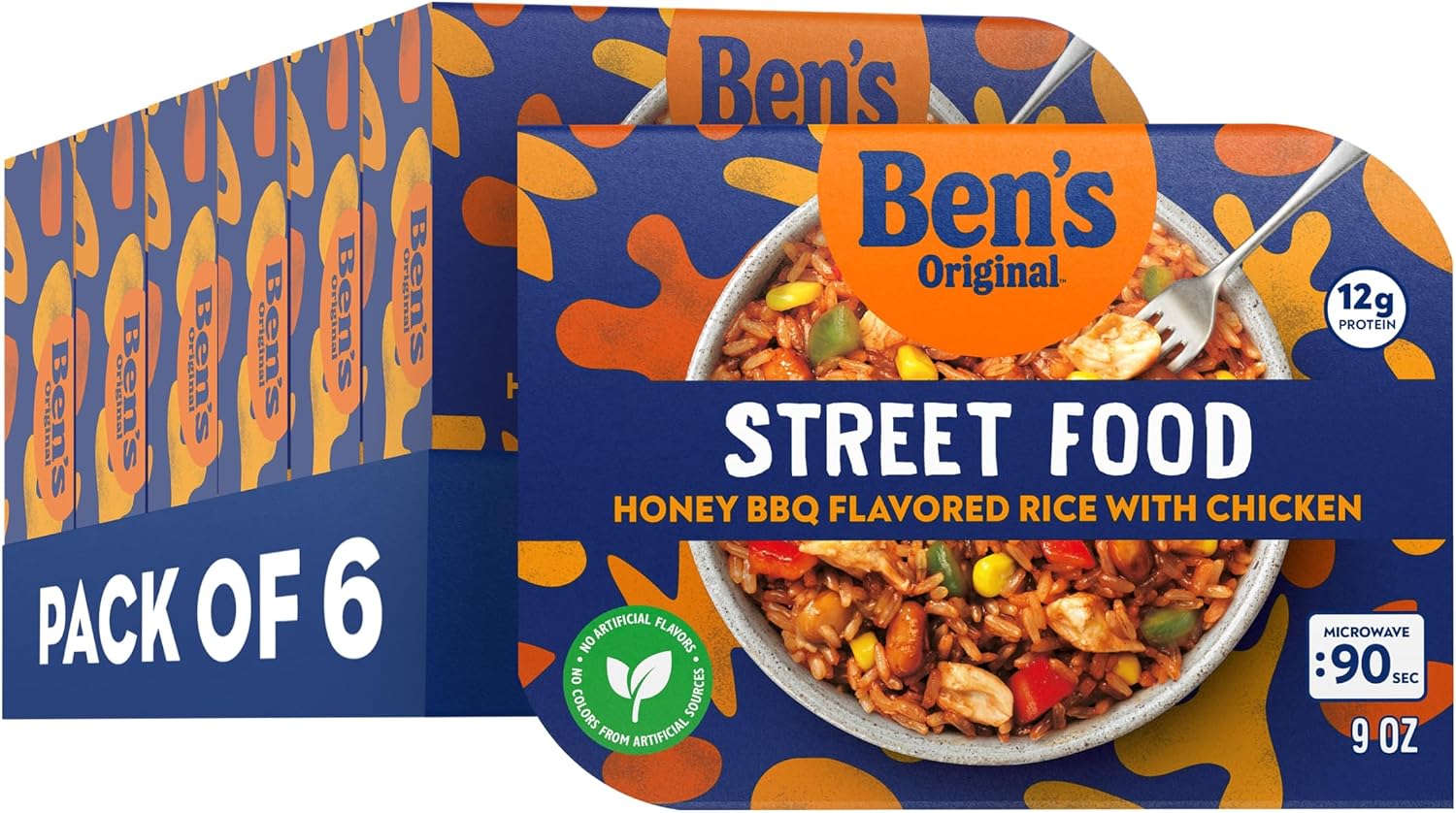 BEN'S ORIGINAL Street Food Honey BBQ Flavored Rice with Chicken, Prepared Entrée, Microwavable Heat-&-Eat Bowl in 90 Seconds, 9 oz (Pack of 6)