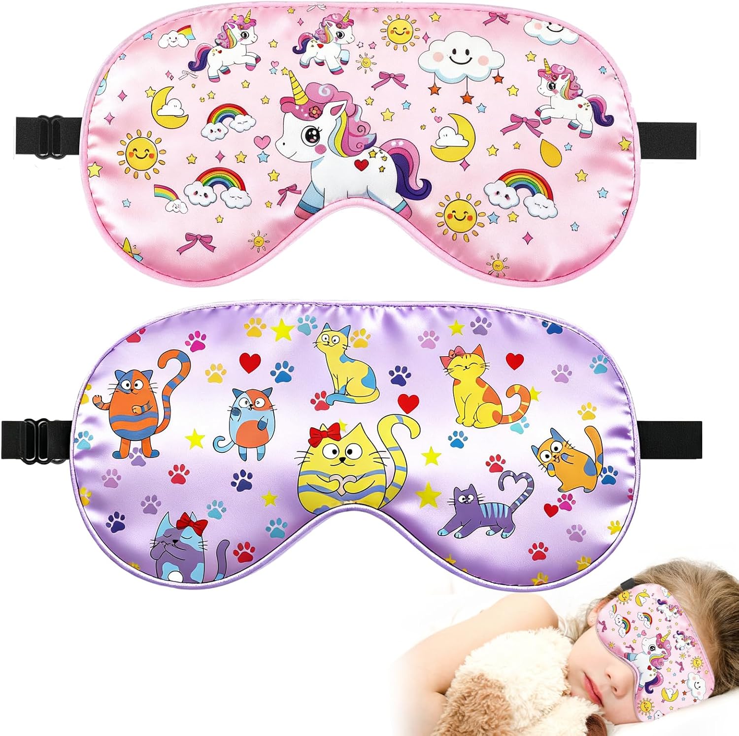 2 Pcs Sleep Mask for Kids Girls, Silk Eye Covers for Sleeping, Adjustable Strap & Light Blocking Design, Children's Bedtime Blindfold for Travel and Home Use (Rainbow Unicorn)