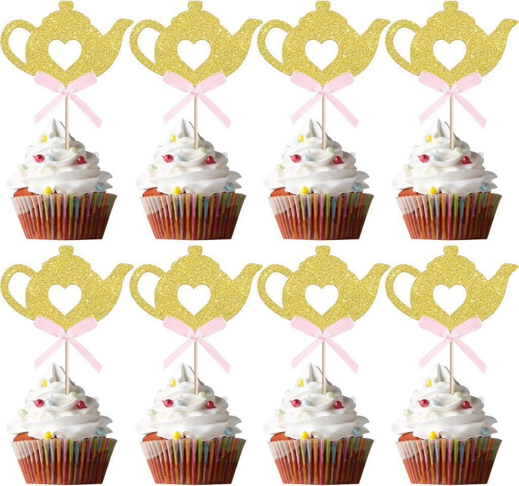 24 PCS Teapot Cupcake Toppers Gold Glitter Bow Floral Tea Time Cupcake Picks Afternoon Tea Party Decorations for Tea Party Theme Baby Shower Wedding Birthday Party Cake Decorations Supplies