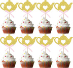 24 PCS Teapot Cupcake Toppers Gold Glitter Bow Floral Tea Time Cupcake Picks Afternoon Tea Party Decorations for Tea Party Theme Baby Shower Wedding Birthday Party Cake Decorations Supplies