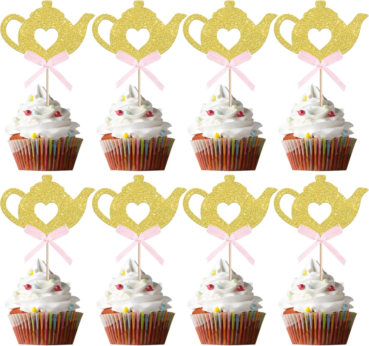 24 PCS Teapot Cupcake Toppers Gold Glitter Bow Floral Tea Time Cupcake Picks Afternoon Tea Party Decorations for Tea Party Theme Baby Shower Wedding Birthday Party Cake Decorations Supplies