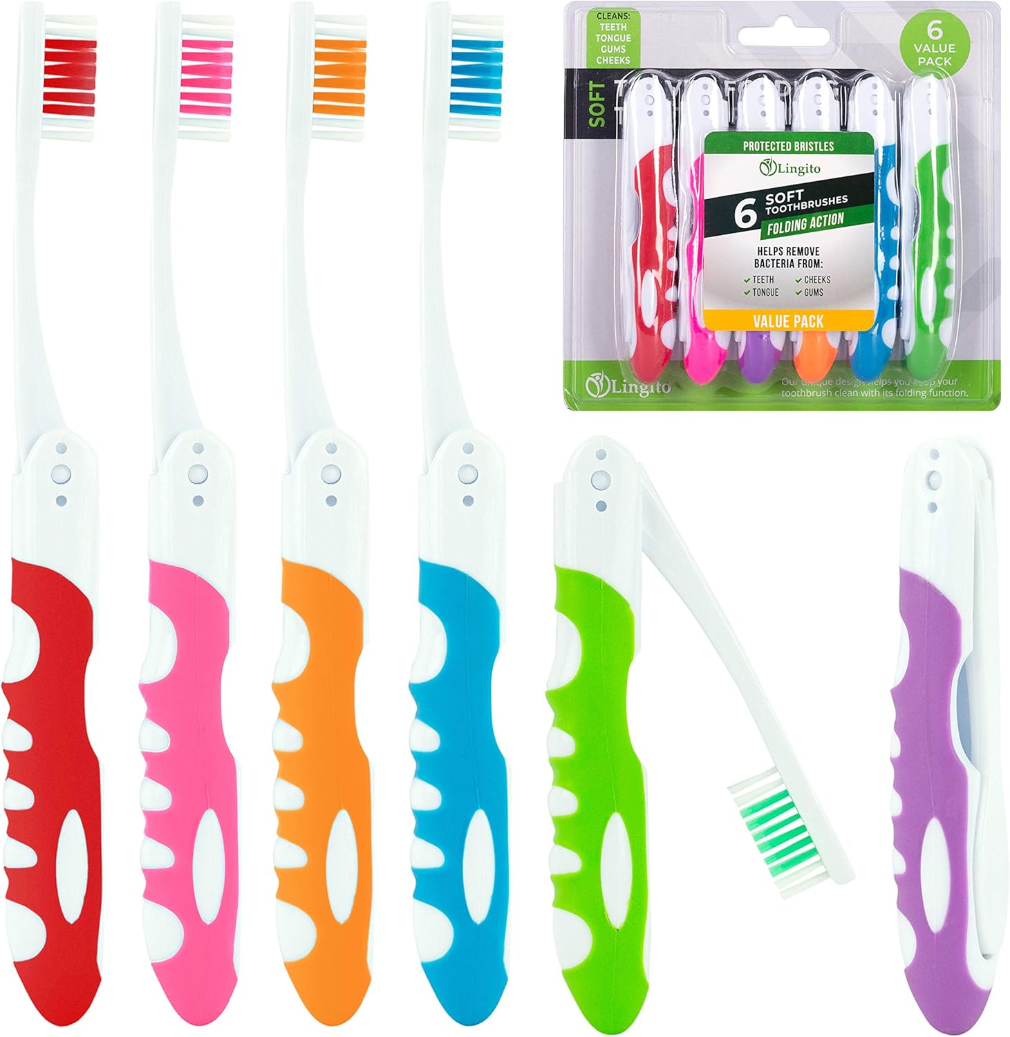 Portable Folding Toothbrush Kit - Built-in Cover, Collapsible, Multi-color (6 Pack Soft-Multicolor)